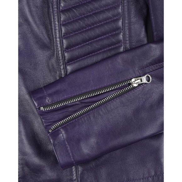 Women's Cafe Racer Style Real Leather Jackets Rachel Purple Zipper Long Sleeves - Picture 6 of 7